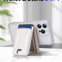 A Raptic Air Wallet, the iPhone Magnetic Wallet from Raptic, in a light color holds cards and props the phone upright on a marble surface. Text above reads