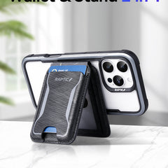 An iPhone with the Raptic Air Wallet, a black magnetic wallet and stand case by Raptic, is placed on white marble with