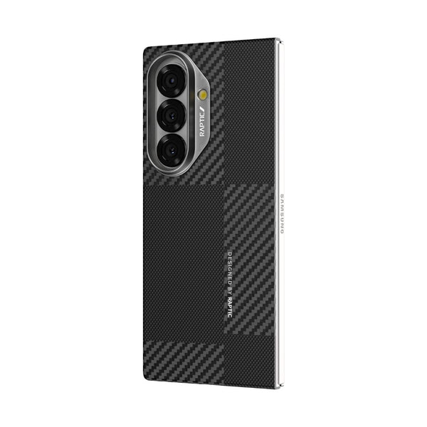 The Raptic Galaxy Z Fold 7 Geotik - Aramid Fibre case is MagSafe compatible, features an aramid fiber texture, three vertically aligned rear cameras, and a