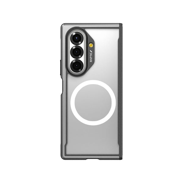 The Raptic SHIELD Black case for Samsung Galaxy Z Fold 7 features military-grade drop protection, a gray border, triple camera cutout, and a white MagSafe-compatible ring on the back.