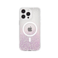 A pink Bryten by Raptic iPhone 15 Starburst Glitter MagSafe Case with wireless charging capability and MagSafe compatibility.