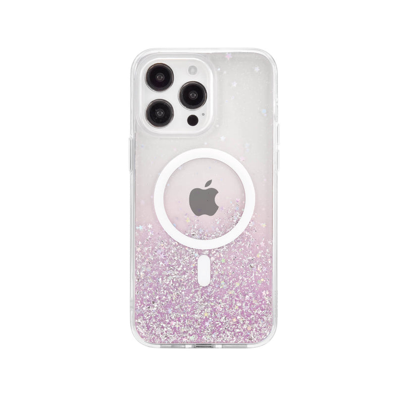 A pink Bryten by Raptic iPhone 15 Starburst Glitter MagSafe Case with wireless charging capability and MagSafe compatibility.