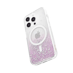 A purple glitter iPhone 15 Starburst Glitter MagSafe Case - Bryten by Raptic with a wireless charging feature.