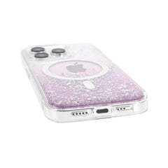An iPhone 15 Starburst Glitter MagSafe Case - Bryten by Raptic with a purple glitter cover featuring MagSafe technology.