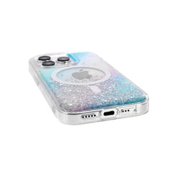 An iPhone 15 Starburst Glitter MagSafe Case - Bryten by Raptic with a blue and white design, featuring MagSafe technology for wireless charging.