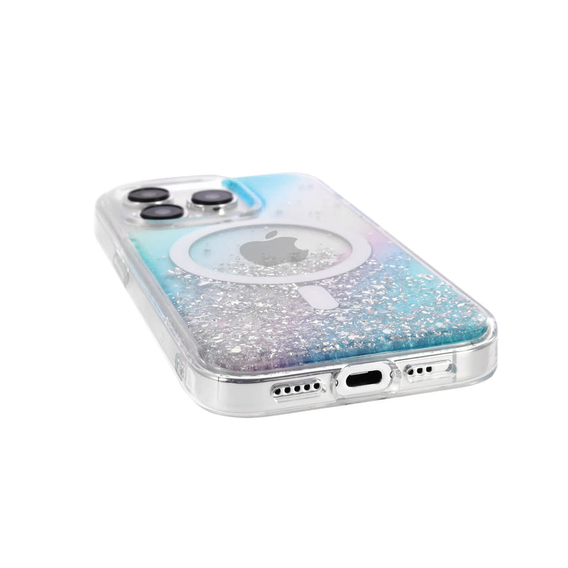 An iPhone 15 Starburst Glitter MagSafe Case - Bryten by Raptic with a blue and white design, featuring MagSafe technology for wireless charging.