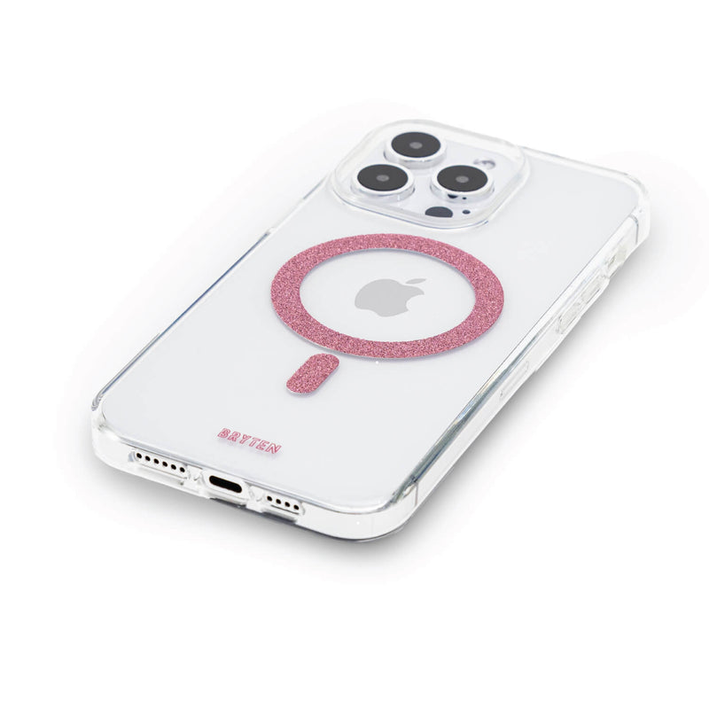 A clear Bryten MagFx iPhone 15 Pro Case with a pink circle on it, offering wireless charging capability.