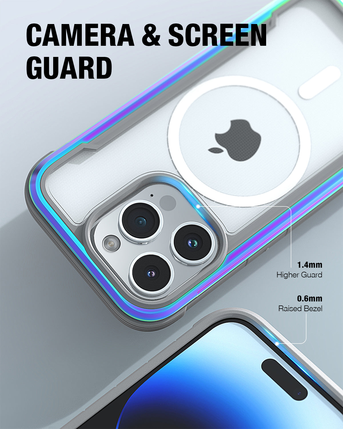 A Raptic iPhone 15 MagSafe Shield Case Bundle Clear with a screen guard.