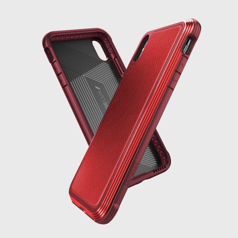 Two Raptic iPhone XS Max LUX cases in red are displayed. One showcases an impact-resistant polycarbonate back, and the other features a machined aluminum alloy design. Both stand gracefully against a plain white background.