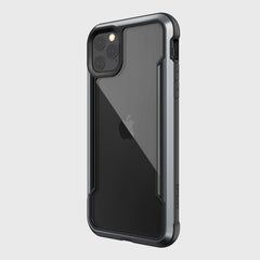 The iPhone 11 Pro Max with the Raptic SHIELD transparent case showcases its triple camera lenses, visible Apple logo, and light gray background while offering superior drop protection in a sleek style.