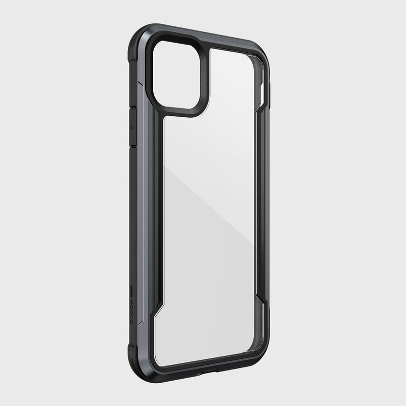 Raptic's SHIELD case for iPhone 11, featuring reinforced corners and a clear-black design, is displayed against a light gray background.