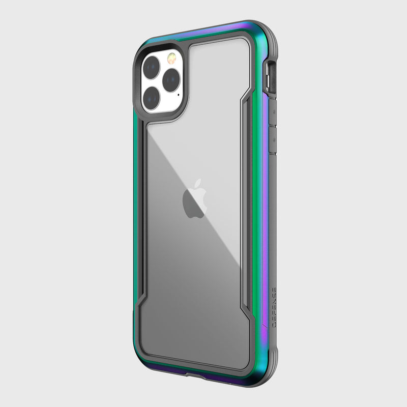 The Raptic SHIELD case for iPhone 11 Pro features a clear design with multicolored metallic edges and reinforced corners to highlight the Apple logo. Made from durable aluminum alloy, it’s sleek, wireless charging compatible, and offers enhanced protection.