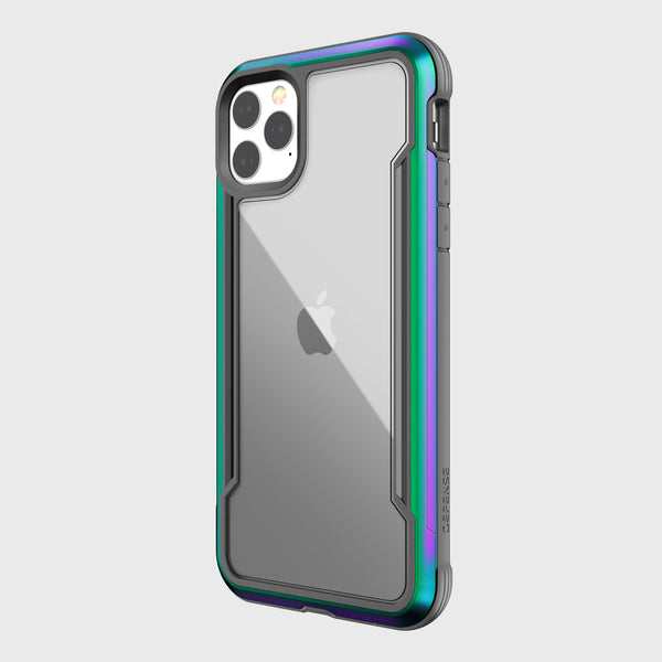 The Raptic iPhone 11 Pro Max Case - SHIELD features a clear, multicolored edge design with drop protection, highlighting three camera lenses on a white background.