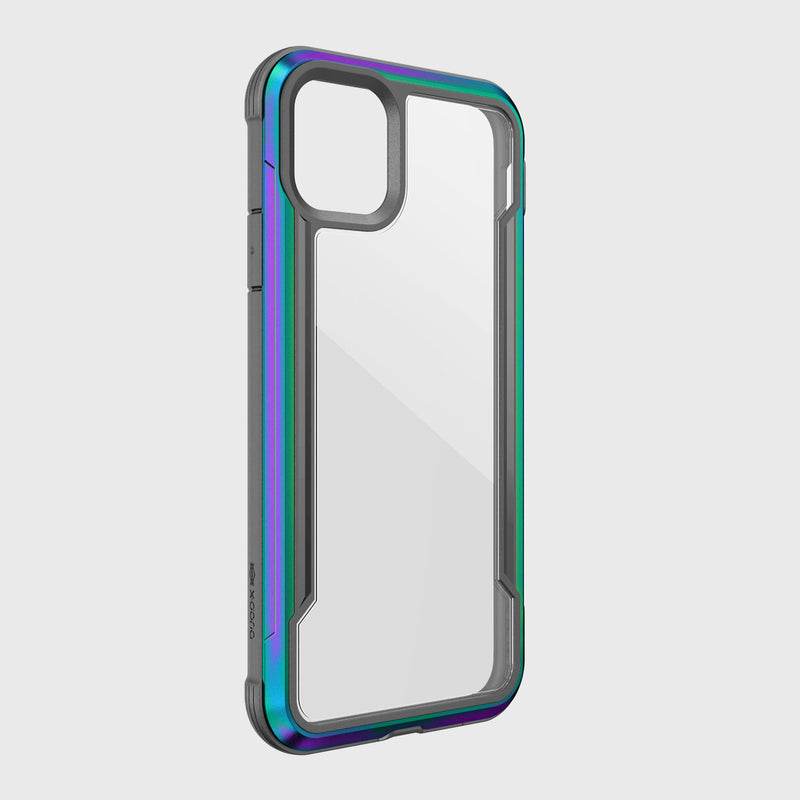 The Raptic SHIELD iPhone 11 Pro case offers a metallic green and purple frame, clear back, robust black edge protection, and is made from aluminum alloy. It's compatible with wireless charging and ideal for dual-lens cameras.