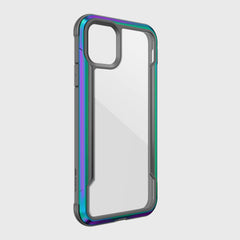 The Raptic SHIELD case for iPhone 11 Pro Max features a sleek, iridescent design with a clear back and reinforced edges, providing superior drop protection.