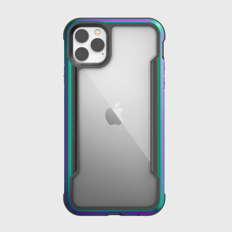 Raptic's SHIELD case for iPhone 11 Pro Max features a clear design with a metallic blue-green border, showcasing the back camera and Apple logo. Crafted from aluminum alloy, it offers enhanced drop protection.
