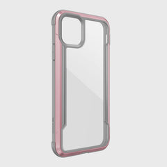 Raptic's SHIELD case for iPhone 11 Pro features a pink and gray protective design with a transparent back, accommodates dual rear cameras, and supports wireless charging.