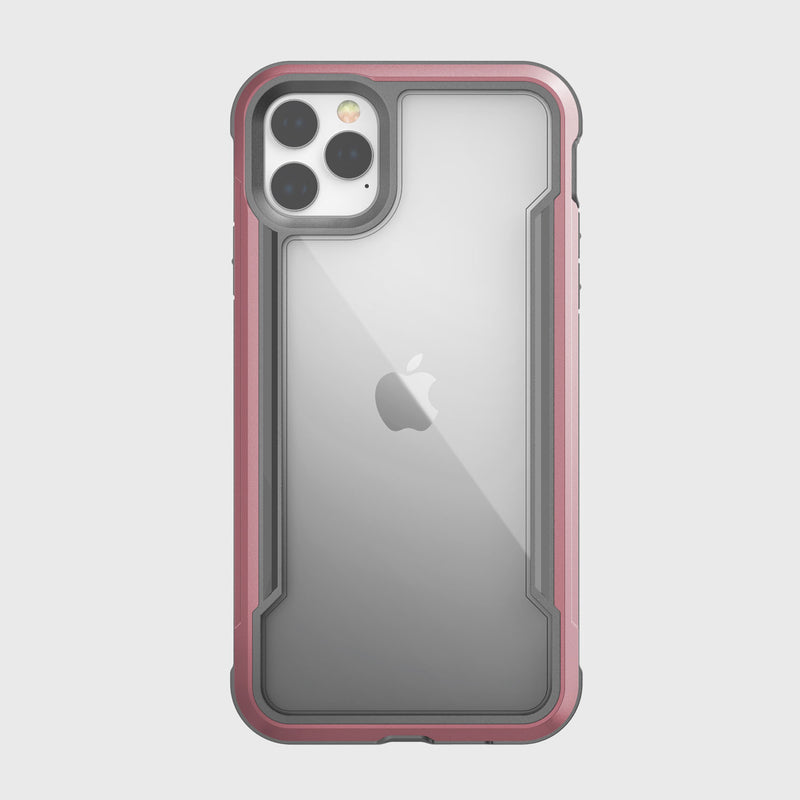 The Raptic SHIELD iPhone 11 case is clear with a sleek aluminum alloy border, showcasing the dual camera and Apple logo while being compatible with wireless charging.
