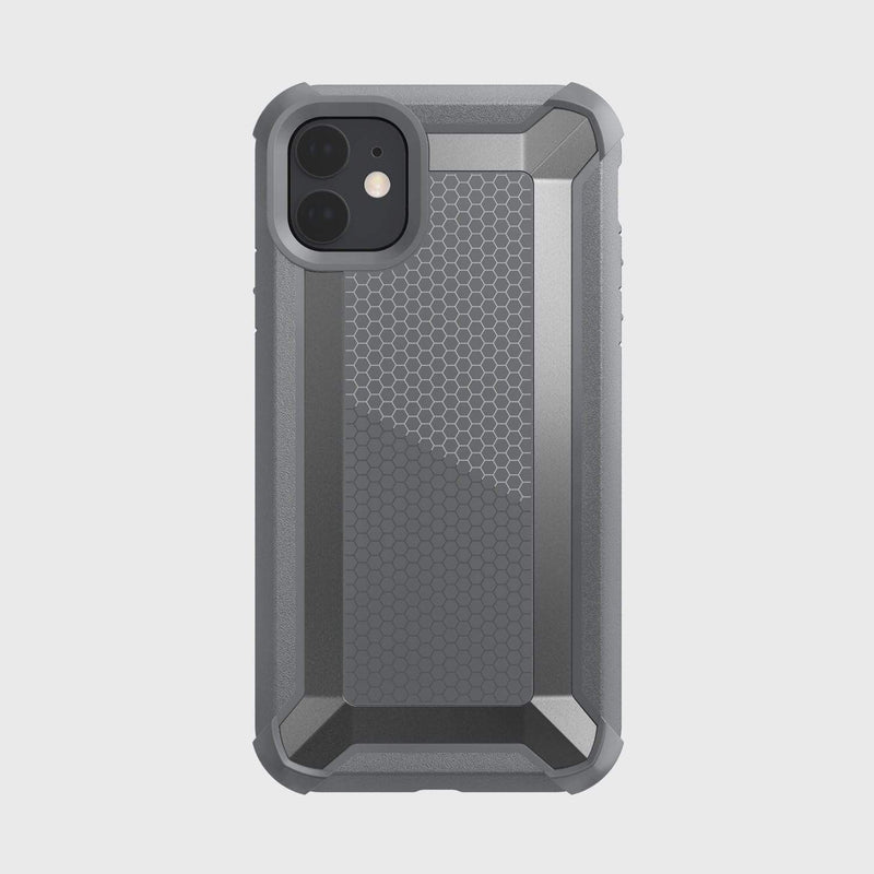 The Raptic iPhone 11 Case - TACTICAL is a rugged gray smartphone case featuring a shock-absorbing rubber exterior and hexagonal pattern. Designed to protect dual rear cameras, it meets Military Standard MIL-STD-810G for robust durability.