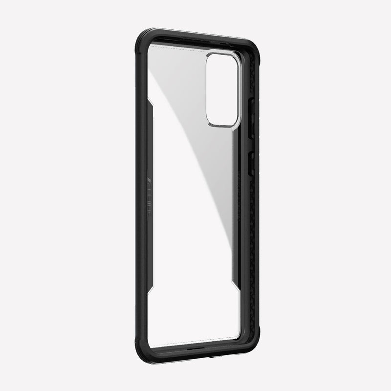 Defense shield black for a Galaxy S20+ showing the front view with the black color on the back panel and that it's transparent