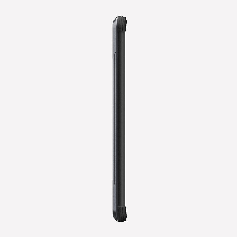 Side view of a sleek, closed black Samsung Galaxy S20+ Case Raptic Shield by X-Doria against a white background, highlighting its wireless charging compatibility.
