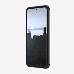 Defense shield black on a black Galaxy S20+ showing the front view to show the side panel of the case on the device