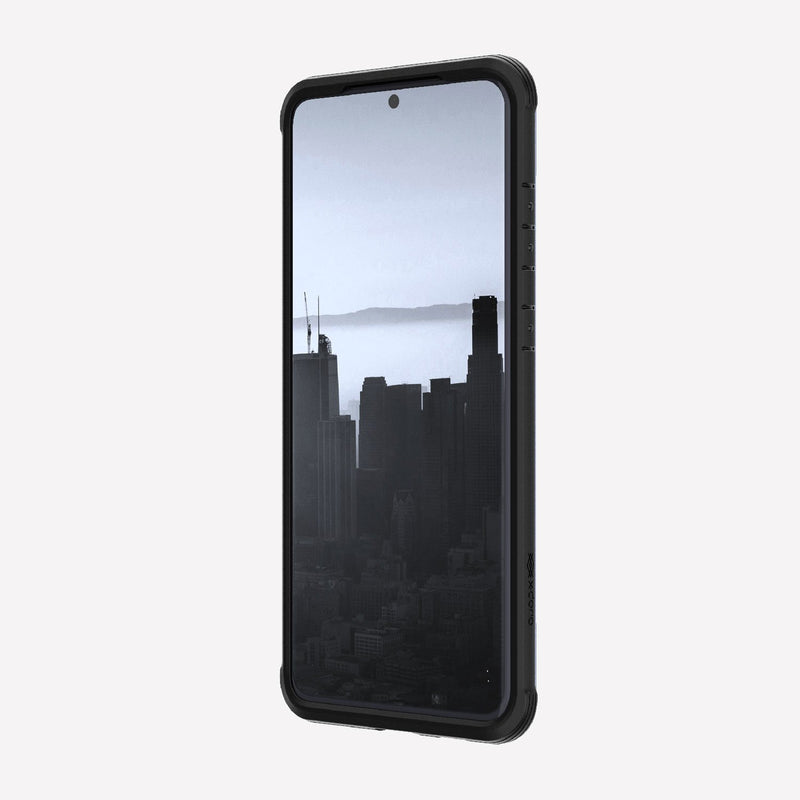 Defense shield black on a black Galaxy S20+ showing the front view to show the side panel of the case on the device