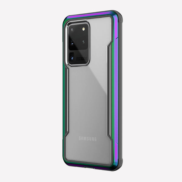 Defense shield iridescent on a silver Galaxy S20 Ultra showing the back view to show the back panel of the case on the device