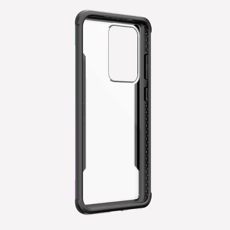 Defense shield iridescent on a silver Galaxy S20 Ultra showing the front raised lip to keep it safe from front-faced drops