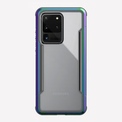 Defense shield iridescent on a silver Galaxy S20 Ultra showing the back view to show the back panel of the case on the device