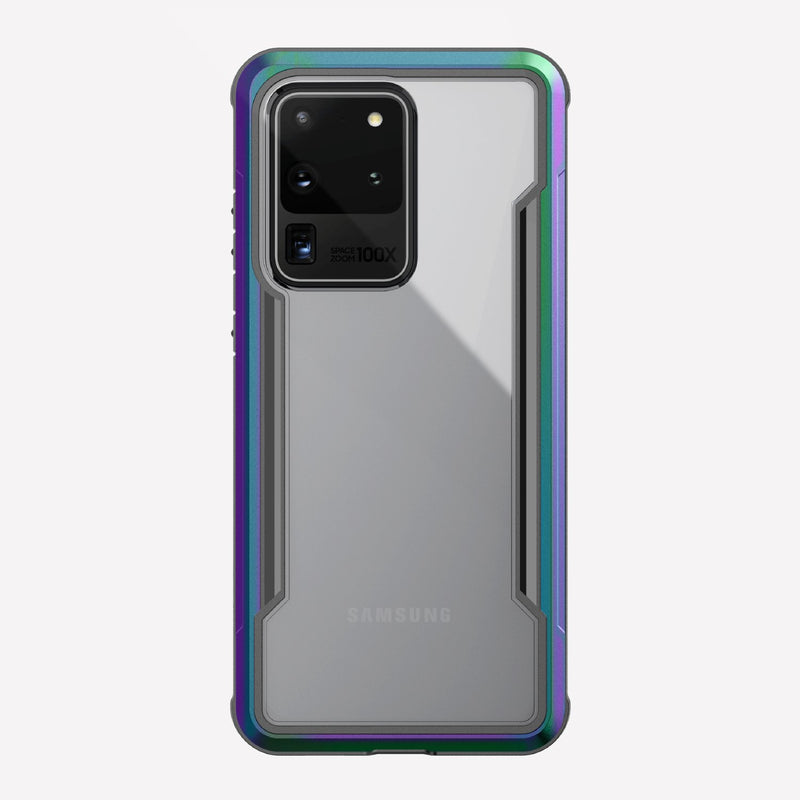 Defense shield iridescent on a silver Galaxy S20 Ultra showing the back view to show the back panel of the case on the device