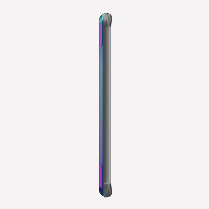 Defense shield iridescent  on a silver Galaxy S20 Ultra showing the side view to show the side buttons on the device