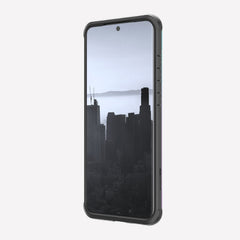 Defense shield iridescent on a silver Galaxy S20 Ultra showing the front raised lip to keep it safe from front-faced drops