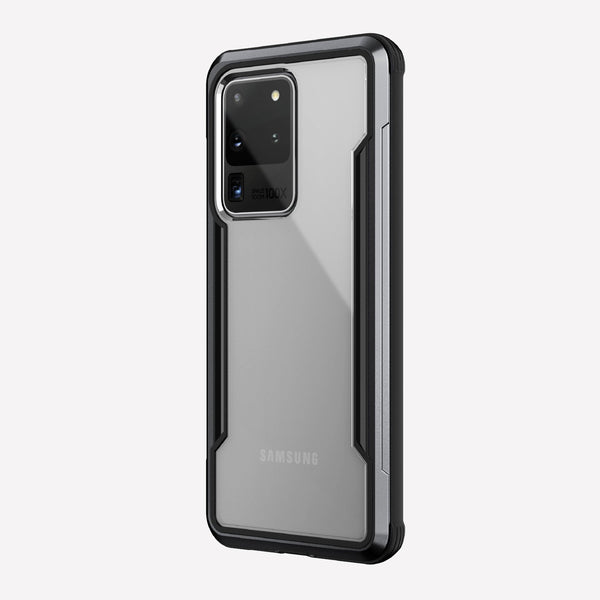 Defense shield black with Galaxy S20 Ultra in it showing the back view with the black color on the back panel and that it's transparent