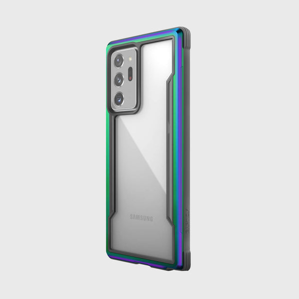 Showing a Note 20 Ultra in a Iridescent Raptic shield case
