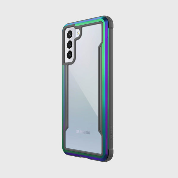 Showing an Samsung S21+ in a iridescent Raptic Shield case