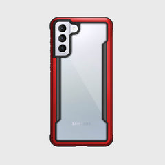 A red phone case for the Samsung Galaxy S21, providing drop protection from X-Doria called Raptic Shield Red.