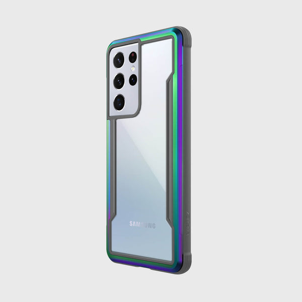 Showing an Samsung S21 Ultra in a iridescent Raptic Shield case