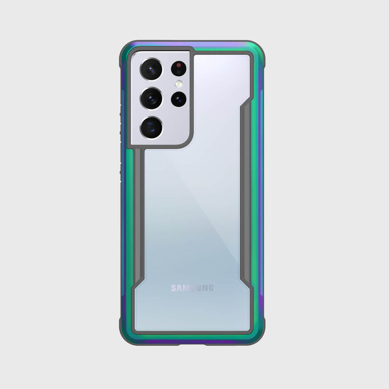 The Samsung Galaxy S21 Ultra Case Raptic Shield Iridescent by X-Doria, with a clear cover and multicolored border, offers military-grade drop protection and elegantly displays the phone's rear cameras.