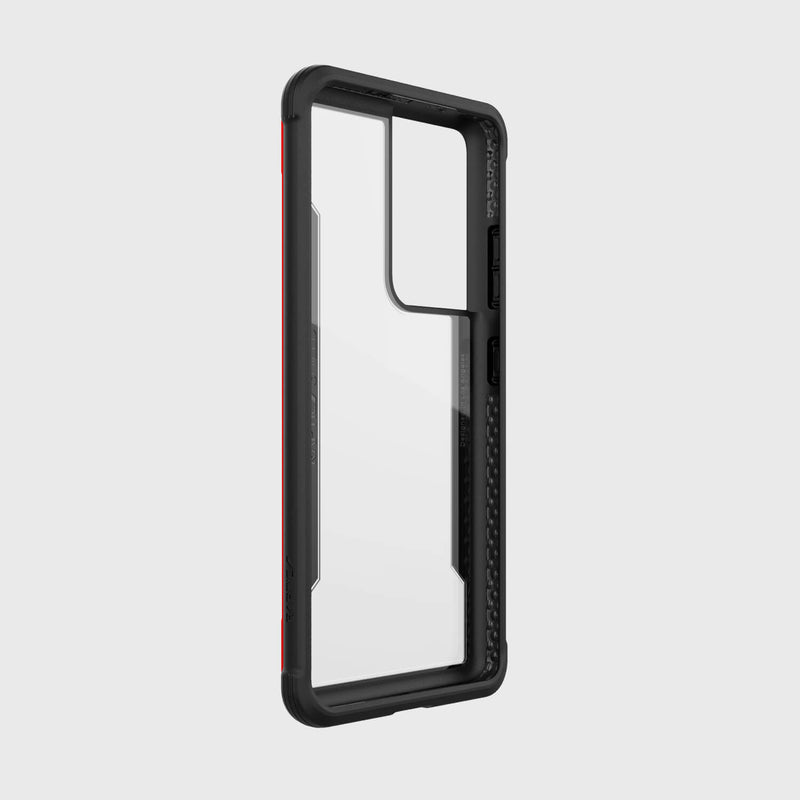 A black and red phone case providing drop protection for the Samsung Galaxy S21 Ultra Case Raptic Shield Red by X-Doria.