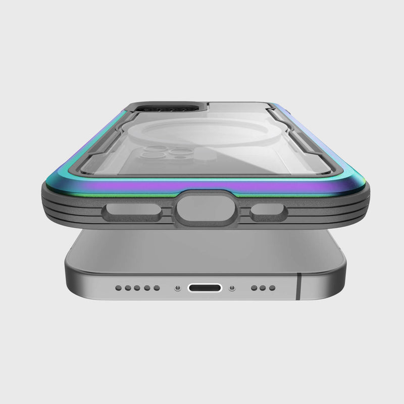 A Raptic SHIELD PRO MAGNET iPhone 12 Pro Max case with a rainbow colored back, compatible with MagSafe chargers.