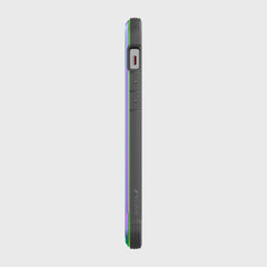 Side view of a Raptic SHIELD PRO MAGNET case for iPhone 12 & iPhone 12 Pro in gray, featuring textured grip, drop protection, MagSafe compatibility, side volume buttons, and power button accessibility.