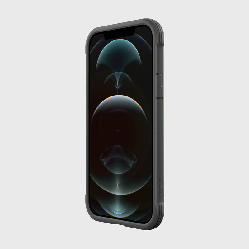 The sleek black Raptic SHIELD PRO MAGNET case for iPhone 12/Pro, with an abstract dark circular wallpaper, stands against a light gray backdrop. Designed for durability, it provides drop protection and is compatible with MagSafe chargers for seamless everyday use.