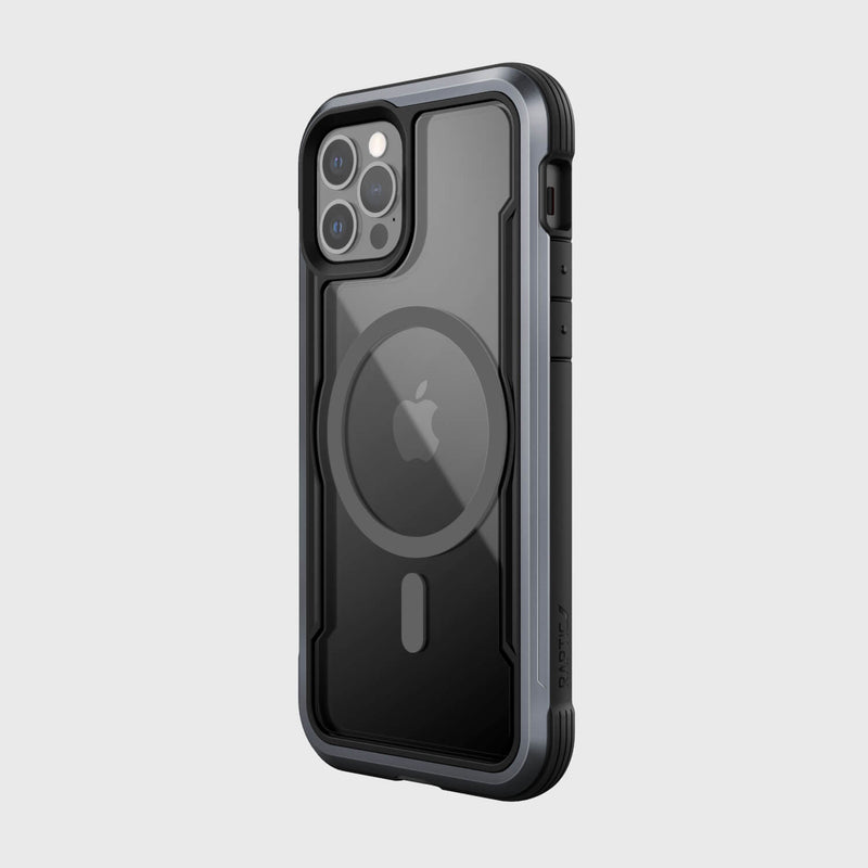 The rugged black Raptic SHIELD PRO MAGNET case for iPhone 12 & iPhone 12 Pro showcases visible camera lenses and the Apple logo, highlighting button details. It offers drop protection, MagSafe compatibility, and blends durability with functionality.