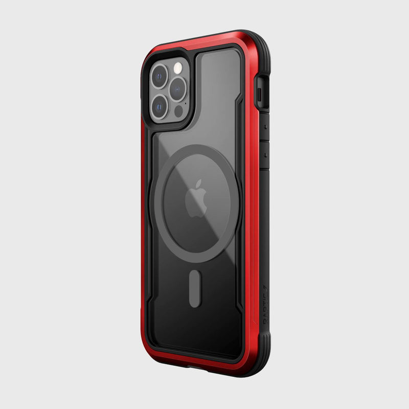 The Raptic SHIELD PRO MAGNET case for iPhone 12 & 12 Pro features a red and black design with a transparent back, circular design around the Apple logo, drop protection, and seamless MagSafe compatibility.
