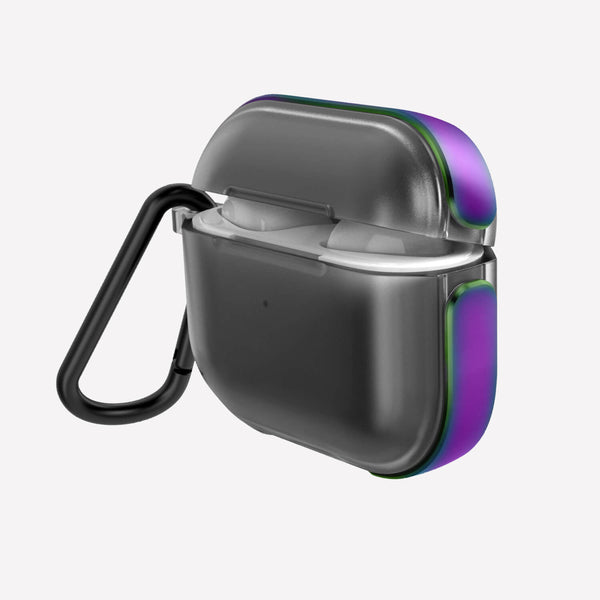 The Raptic Strong Apple AirPods 3 Case - AIR is transparent with a purple to green gradient edge and includes a detachable side carabiner clip. It also supports wireless charging.