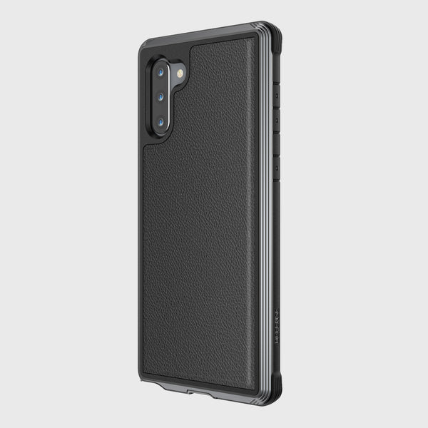 The Raptic Samsung Galaxy Note 10+ Case in Lux Black Leather features a textured design with dual camera cutout and side button details. It offers military-grade drop protection, wireless charging compatibility, and is shown at an angle.