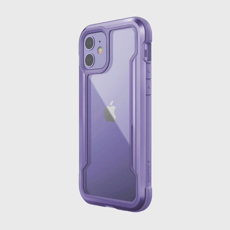 The Raptic iPhone 12 Raptic Shield case in purple features a transparent back that showcases the Apple logo. With a machined aluminum bumper for military-grade drop protection, it remains wireless charging compatible for ultimate convenience.