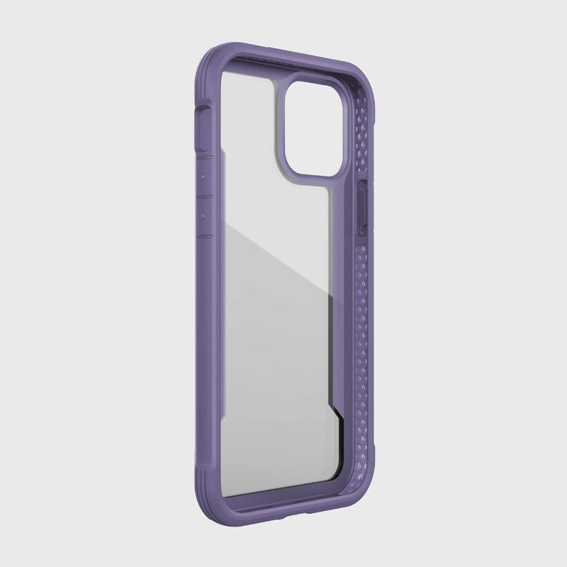 The iPhone 12 Raptic Shield case in purple by Raptic features a transparent back and a machined aluminum bumper. It's designed for dual-lens camera smartphones and supports wireless charging.