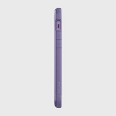 Side view of the iPhone 12 Raptic Shield case in purple by Raptic, featuring a machined aluminum bumper with visible volume and power buttons on the side.
